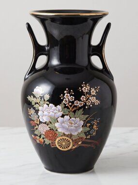 Vintage Black Japanese Floral Porcelain Vase Double Handle Gold Trim 10.5"
